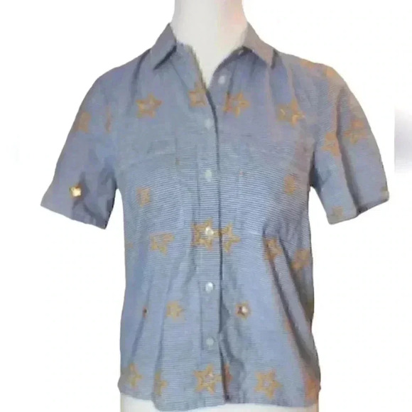MadeWell  Star Embroidered Blouse size xs blue stripped w yellow ⭐️ - Picture 7 of 9